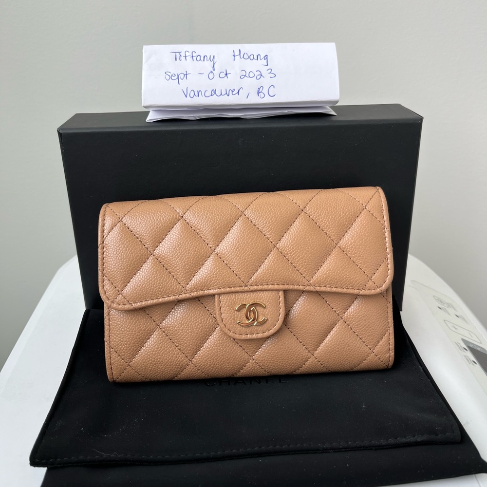 Chanel 23B dark beige caviar medium flap trifold wallet